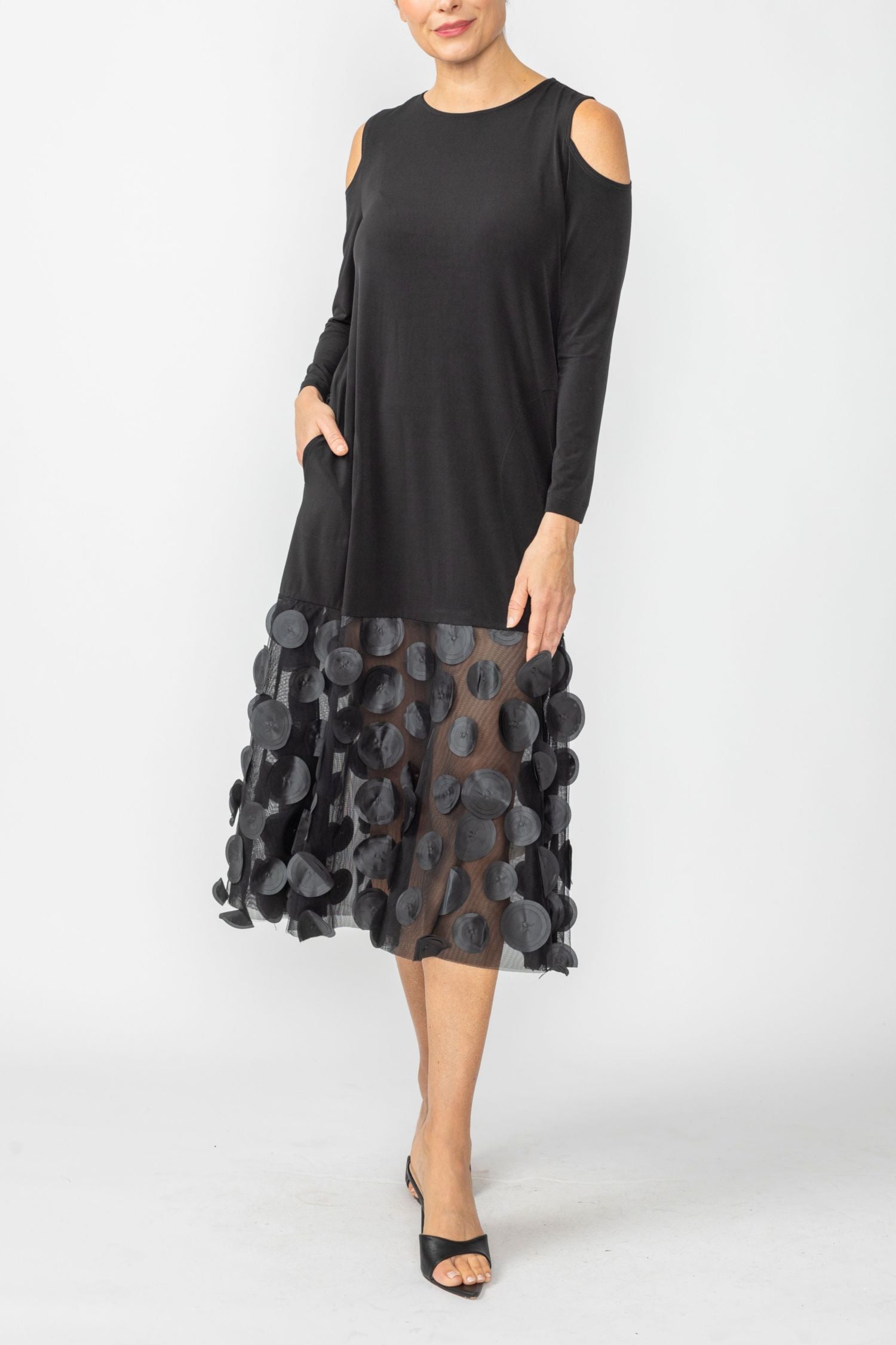 Black Cold Shoulder Mesh Bell-Bottom Dress