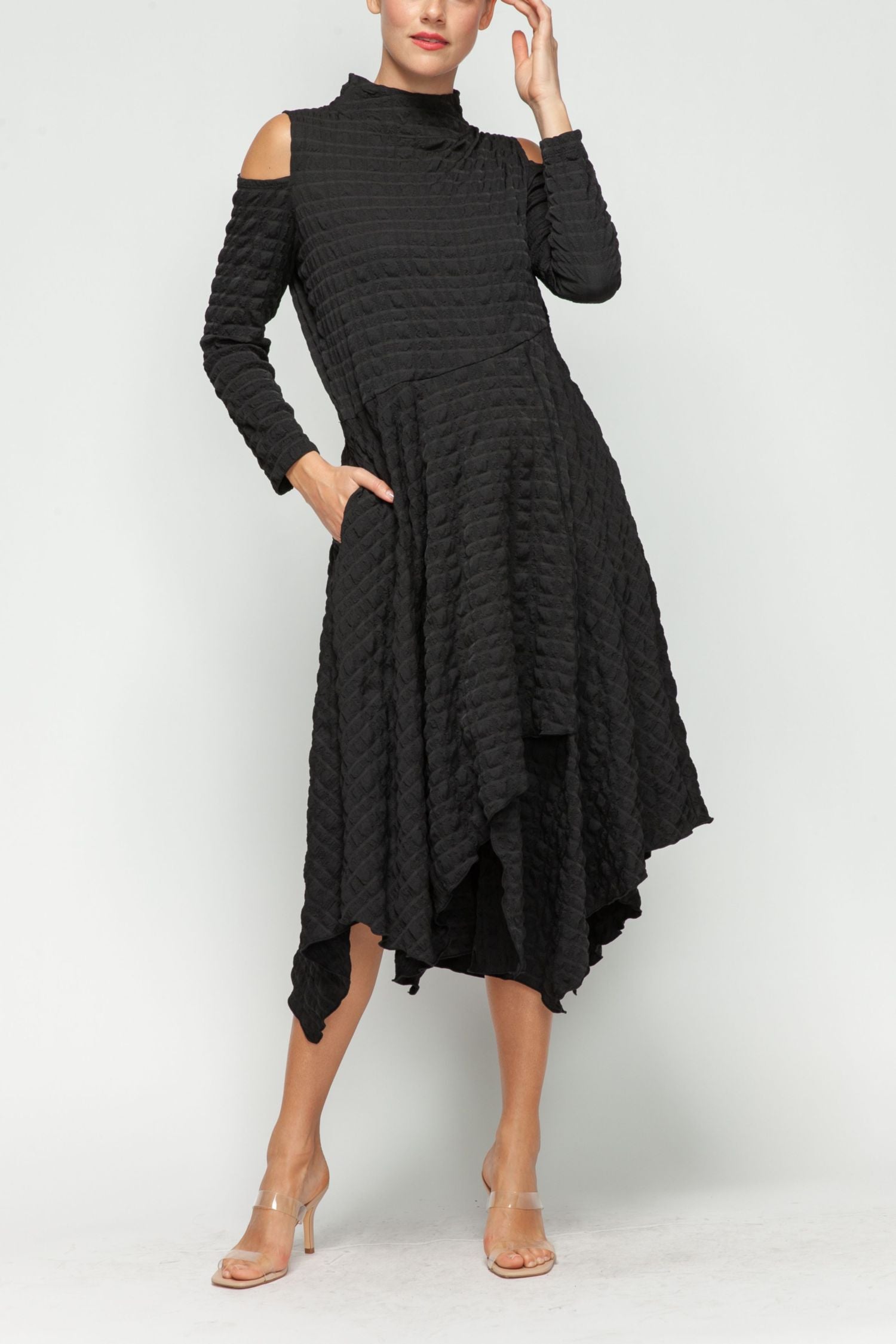 Black Mock-Neck Cold Shoulder Asymmetrical Dress