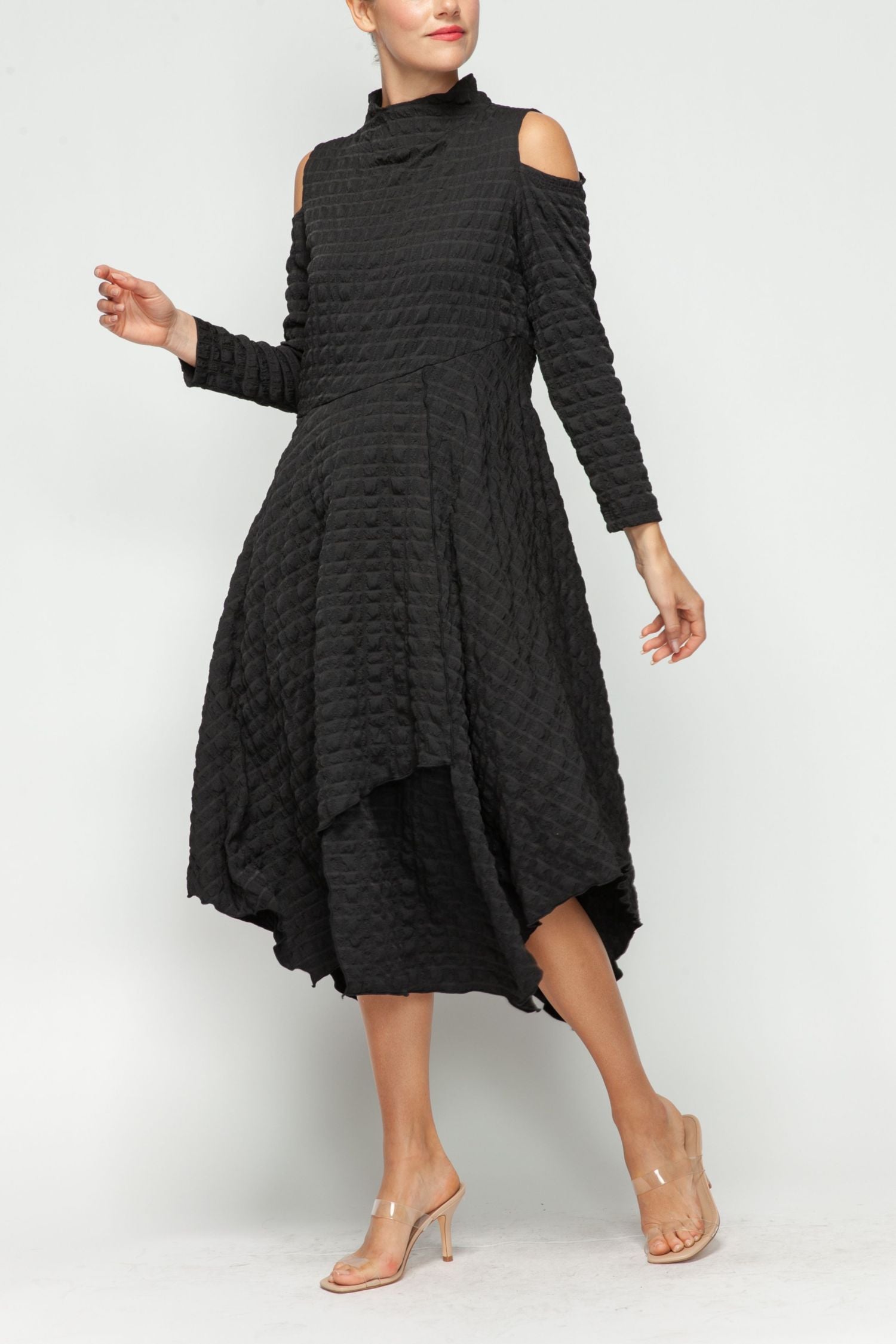 Black Mock-Neck Cold Shoulder Asymmetrical Dress