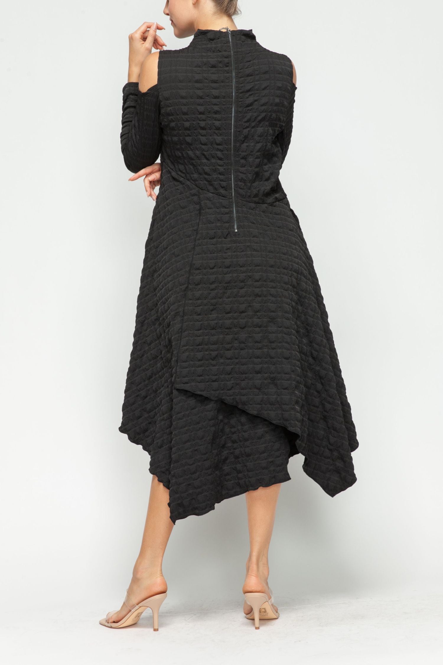 Black Mock-Neck Cold Shoulder Asymmetrical Dress