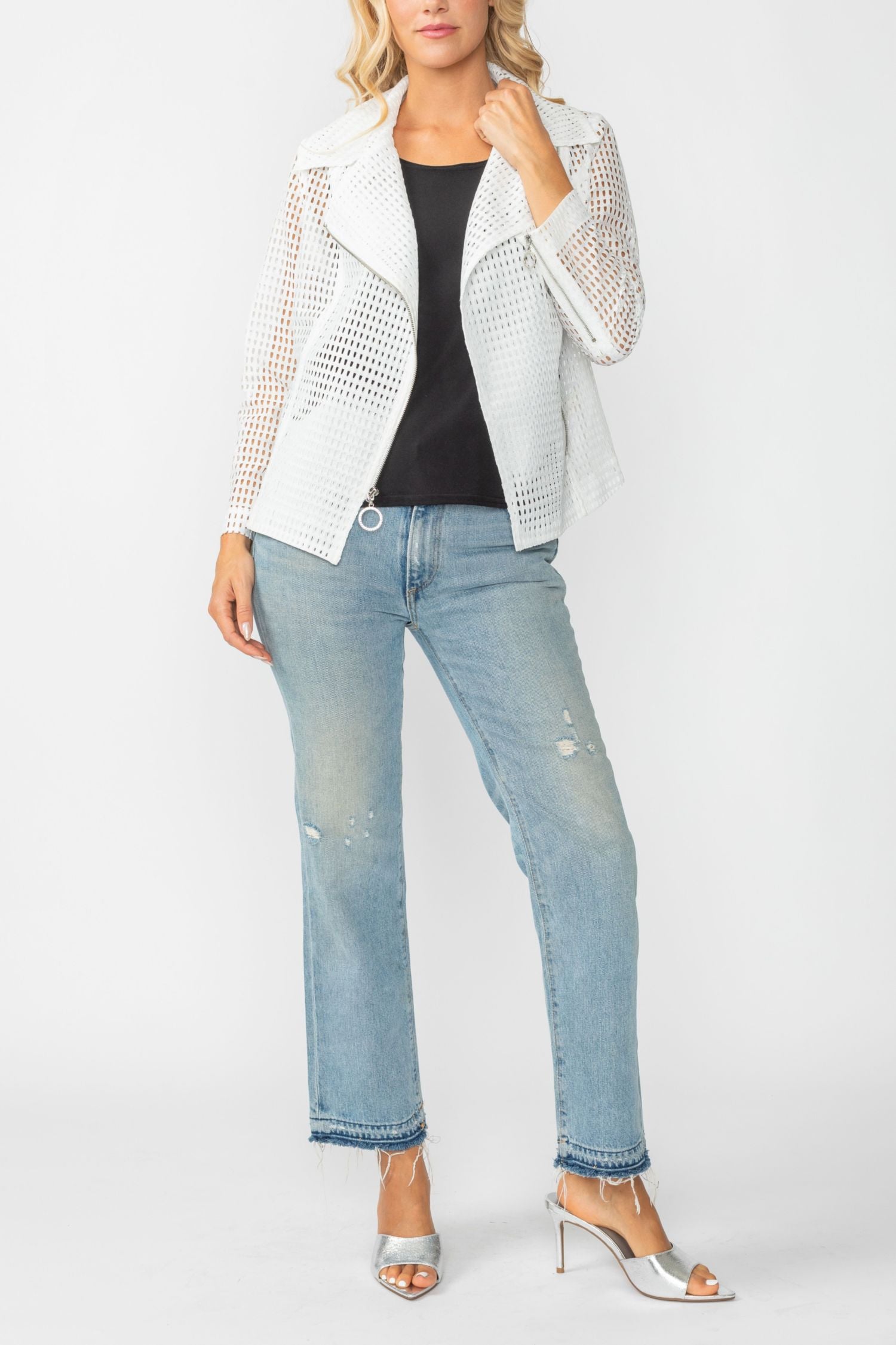 White Zipper Contrast Biker Jacket