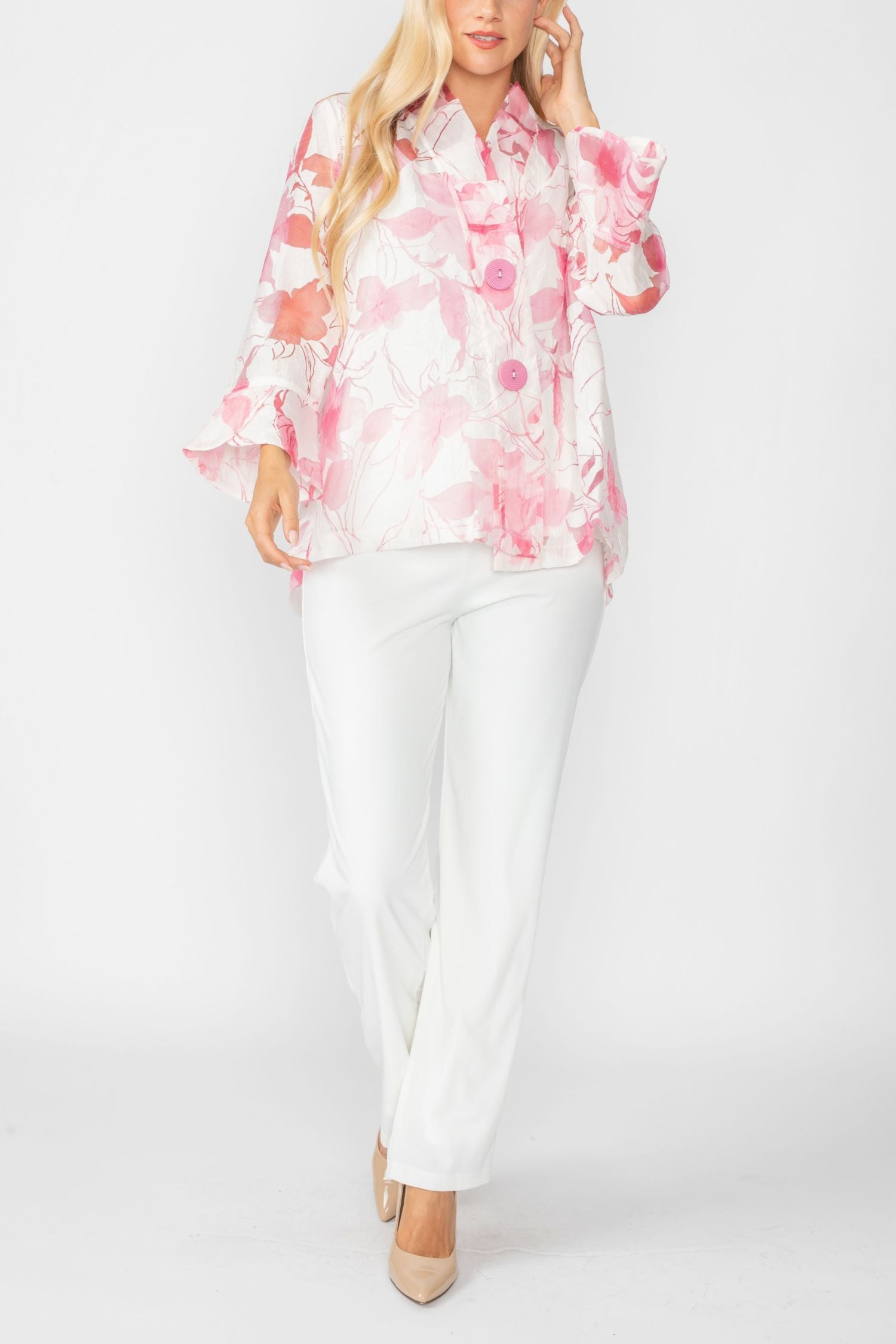 Pink Burn Out Pleated Collar & Back 3/4 Sleeves Jacket