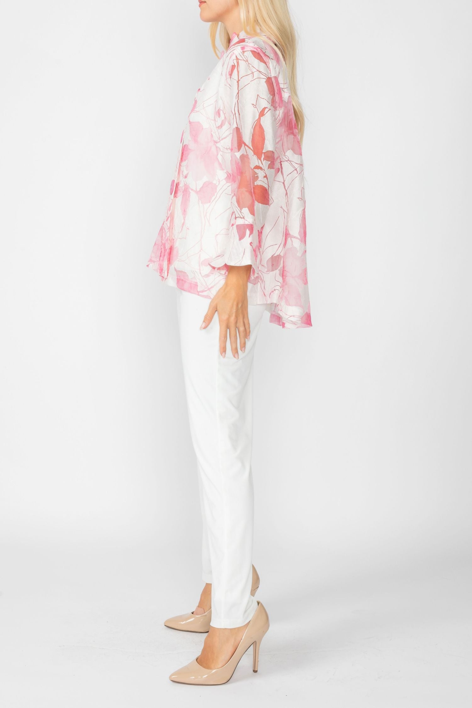 Pink Burn Out Pleated Collar & Back 3/4 Sleeves Jacket