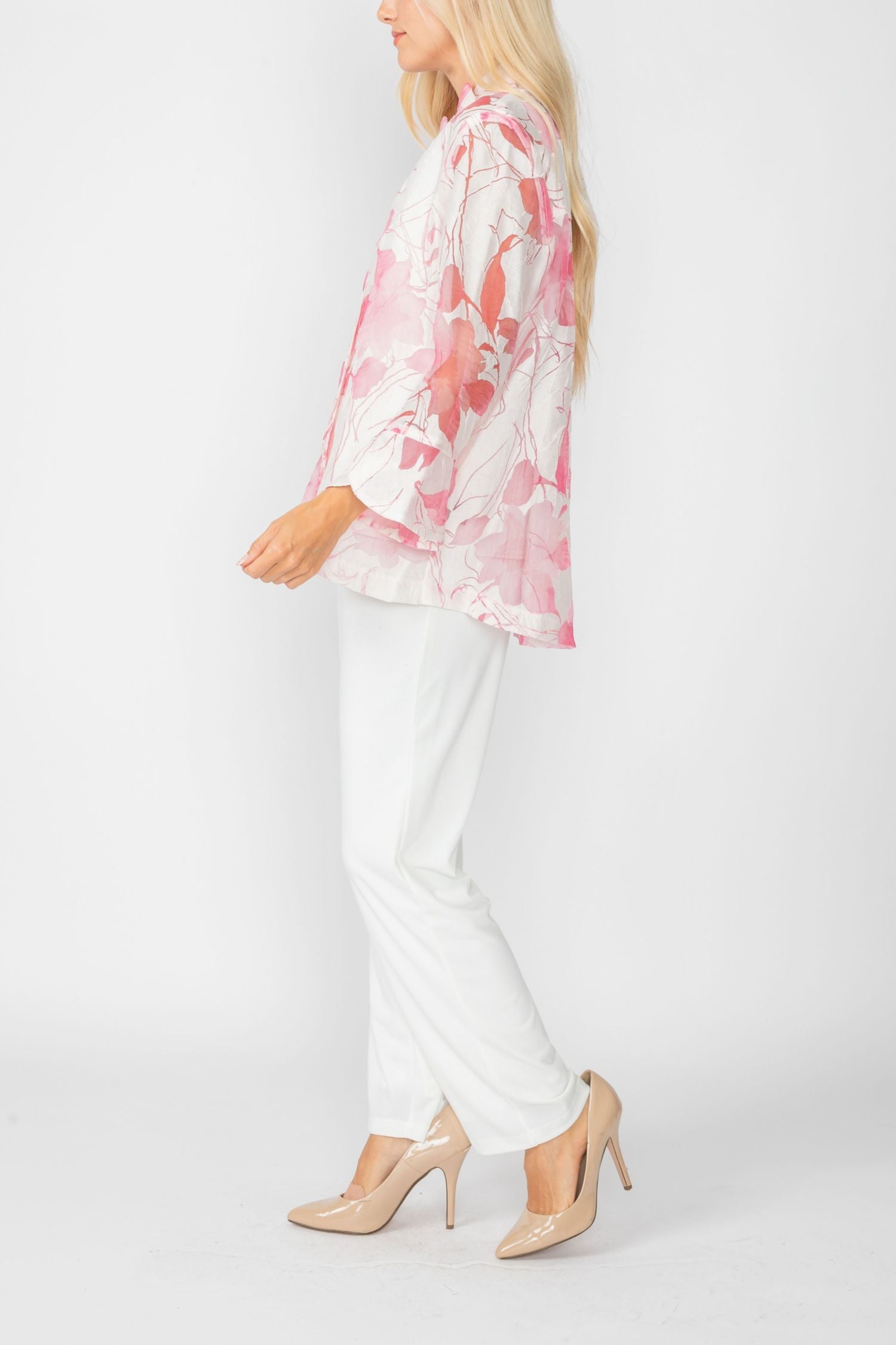 Pink Burn Out Pleated Collar & Back 3/4 Sleeves Jacket