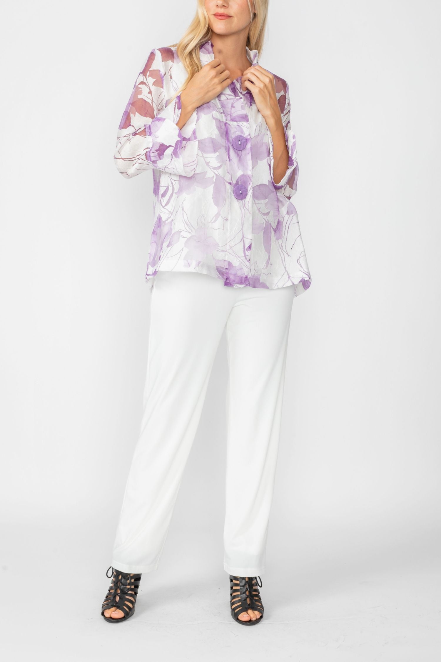 Purple Burn Out Pleated Collar & Back 3/4 Sleeves Jacket