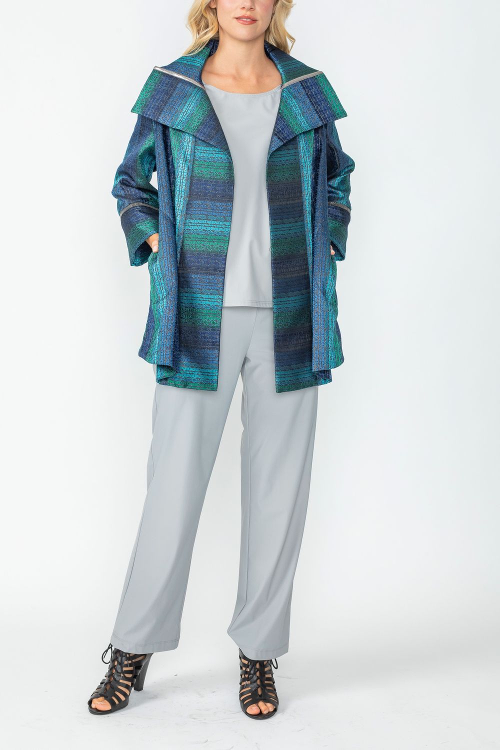 Teal No Closure Jacket With Sparing Trim