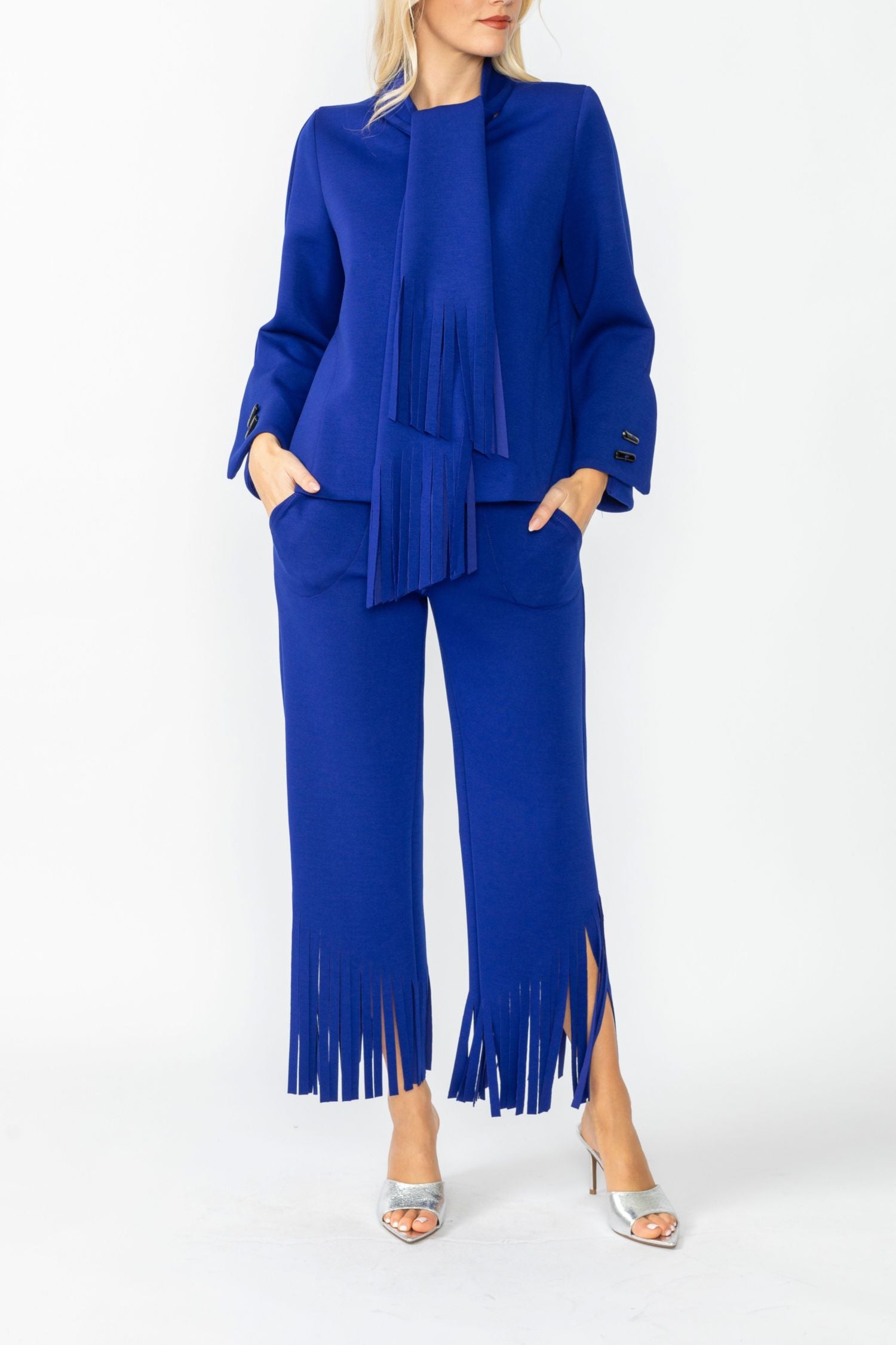 Blue Laser Cut Scarf Neck Tie Jacket