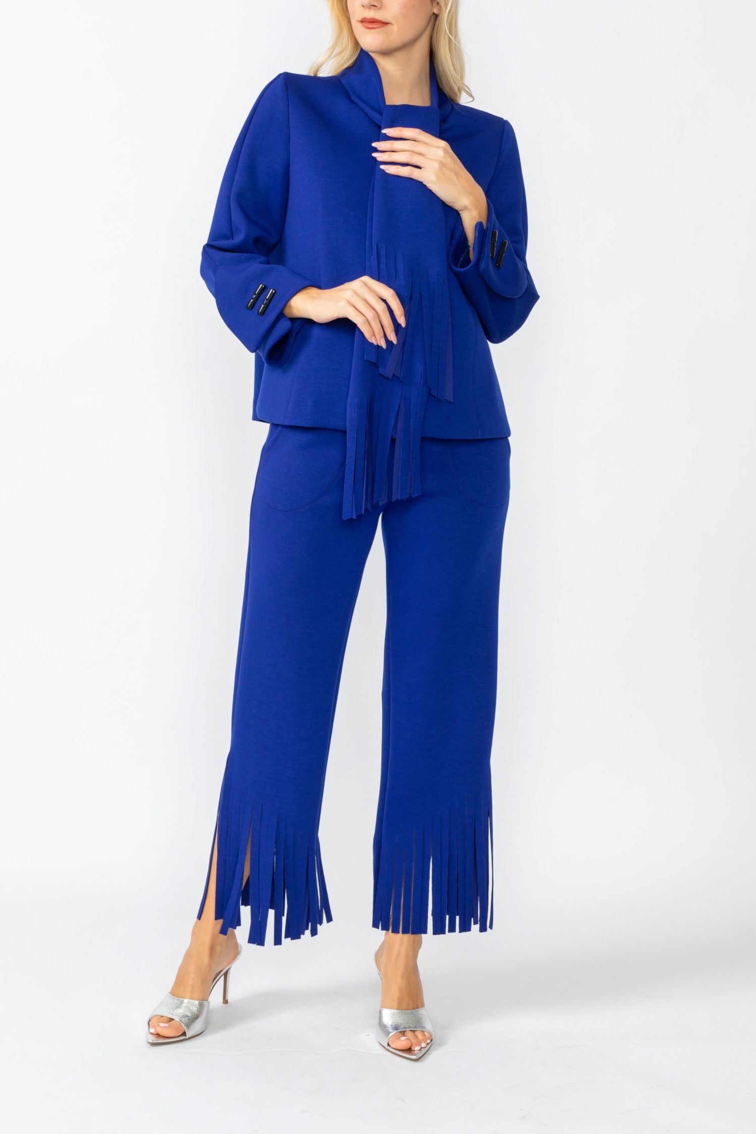 Blue Laser Cut Scarf Neck Tie Jacket