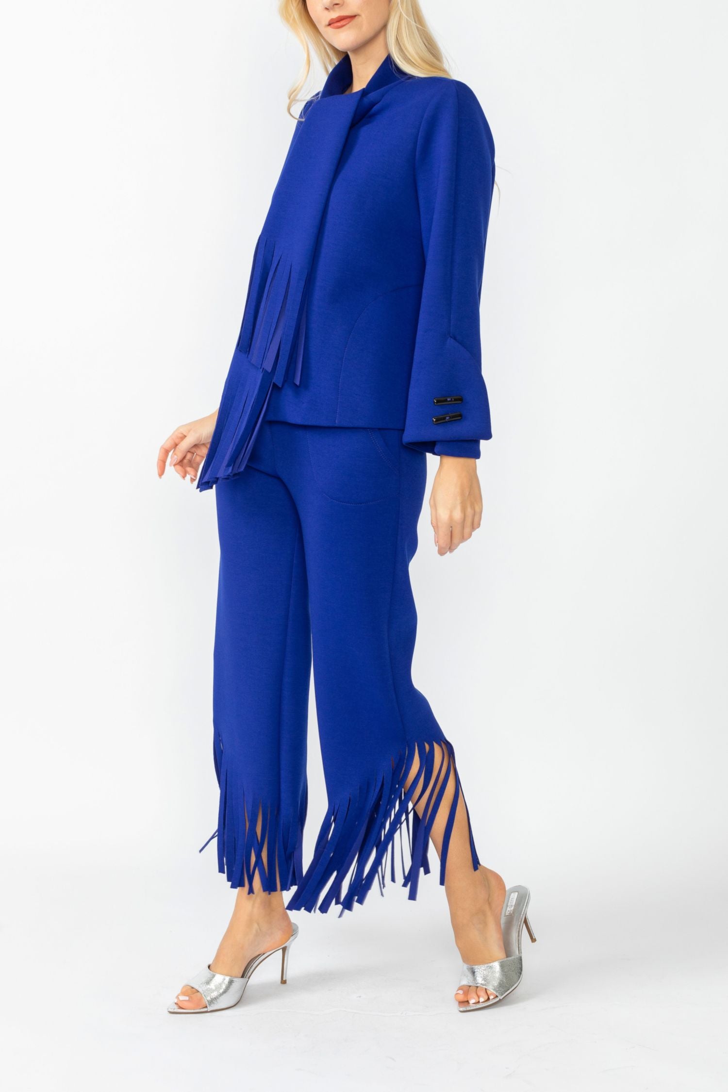 Blue Laser Cut Scarf Neck Tie Jacket