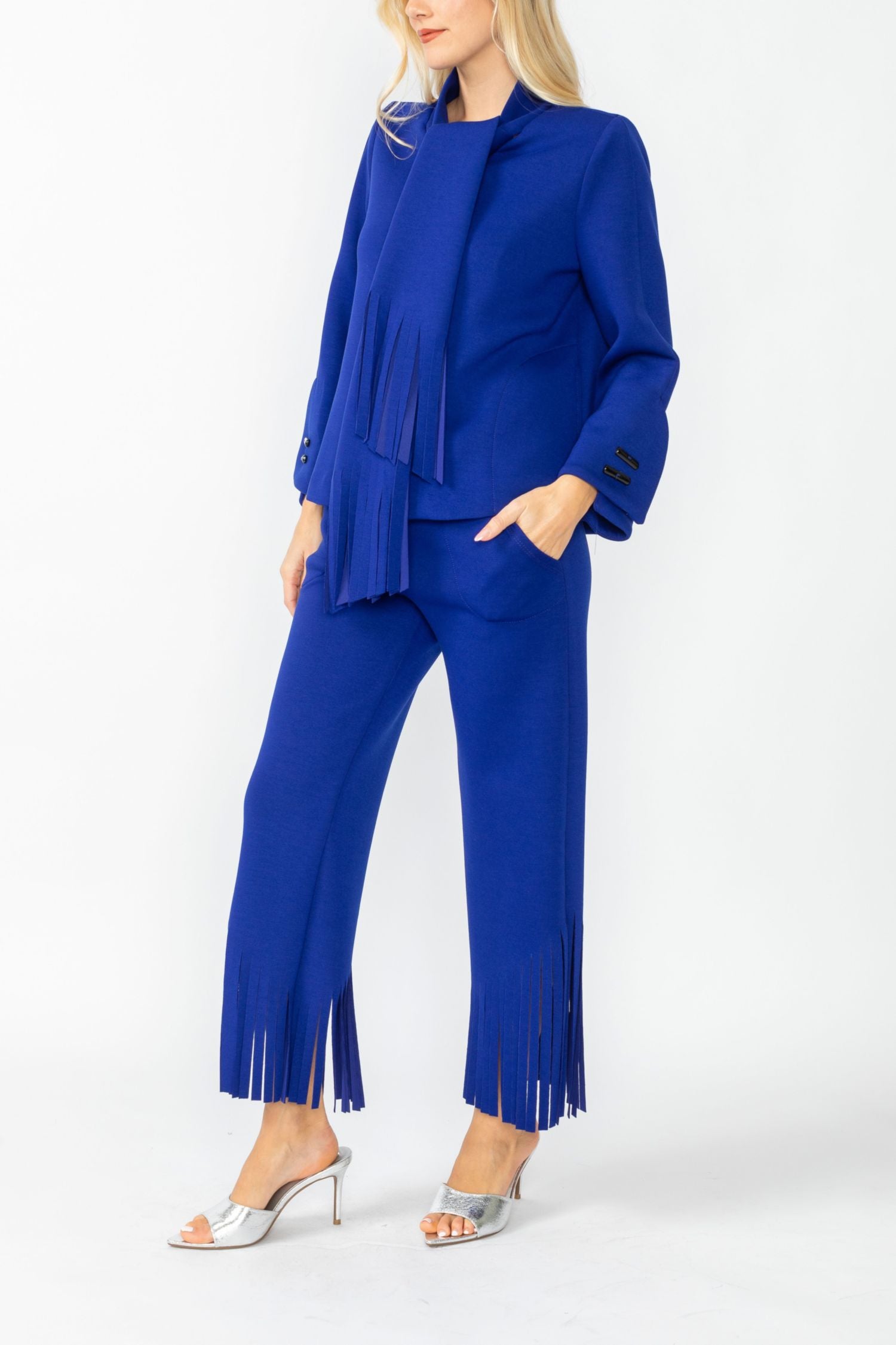 Blue Laser Cut Scarf Neck Tie Jacket