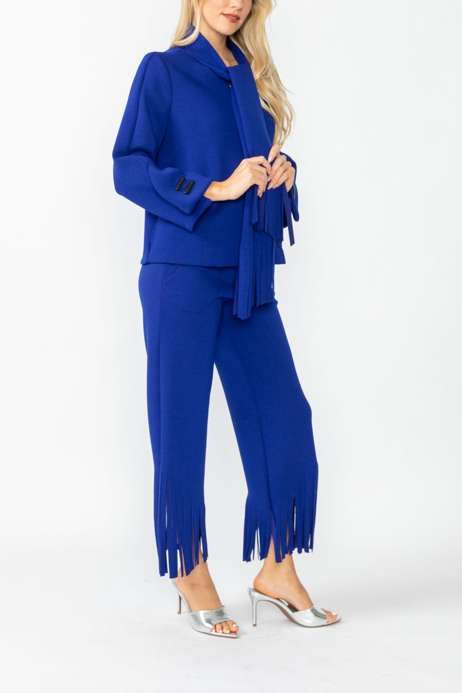 Blue Laser Cut Scarf Neck Tie Jacket