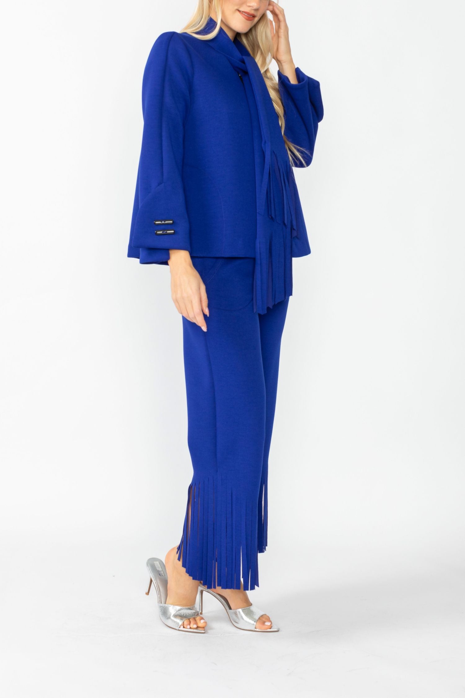 Blue Laser Cut Scarf Neck Tie Jacket