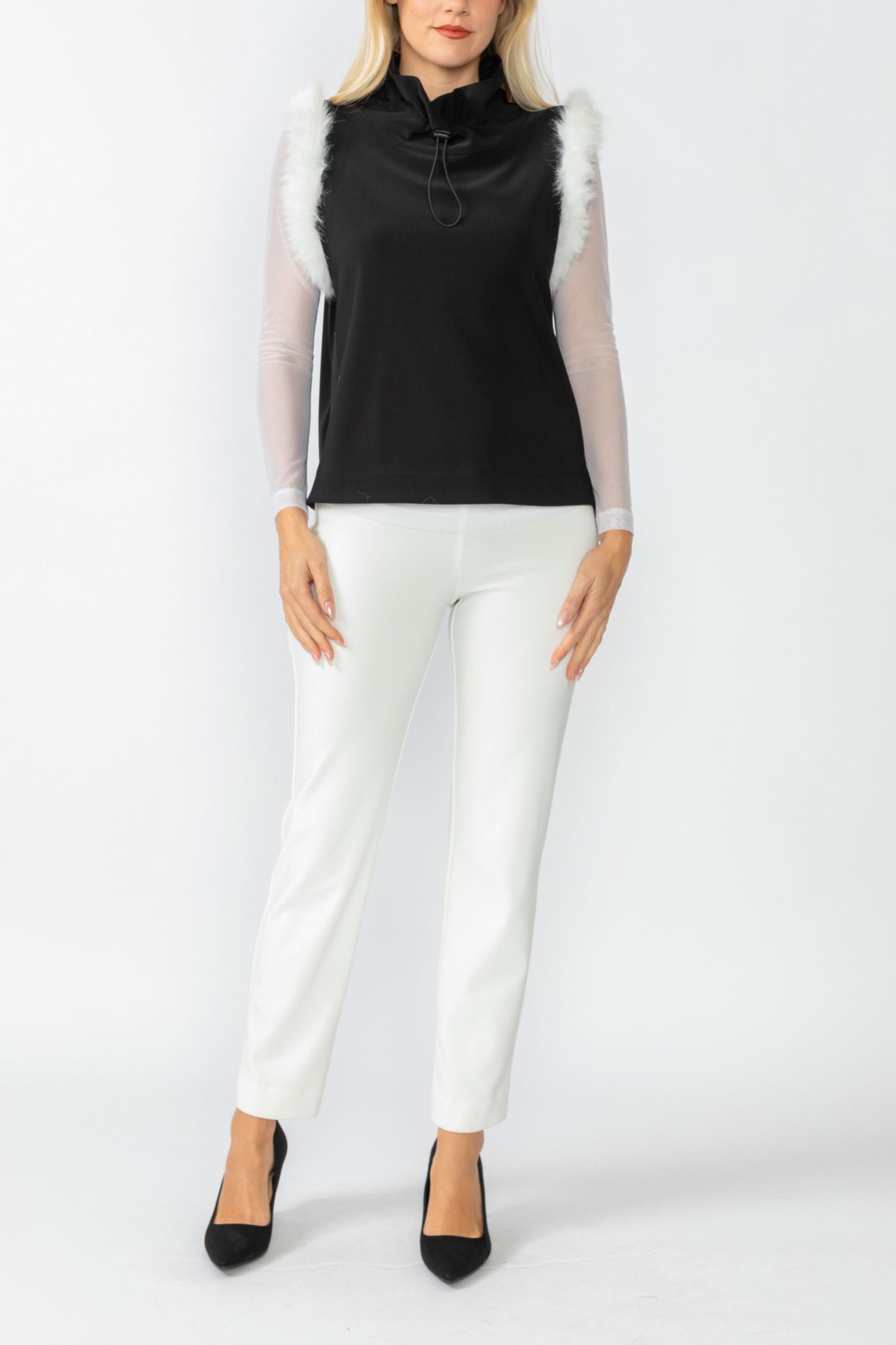 Black and White Fur On Sleeve Vest