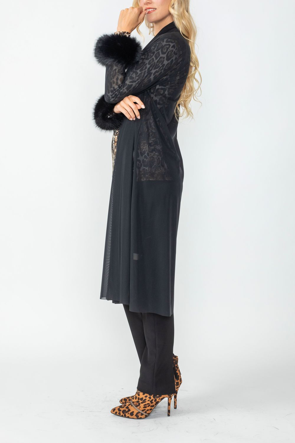 Black Feather Cuff Mesh Long Jacket