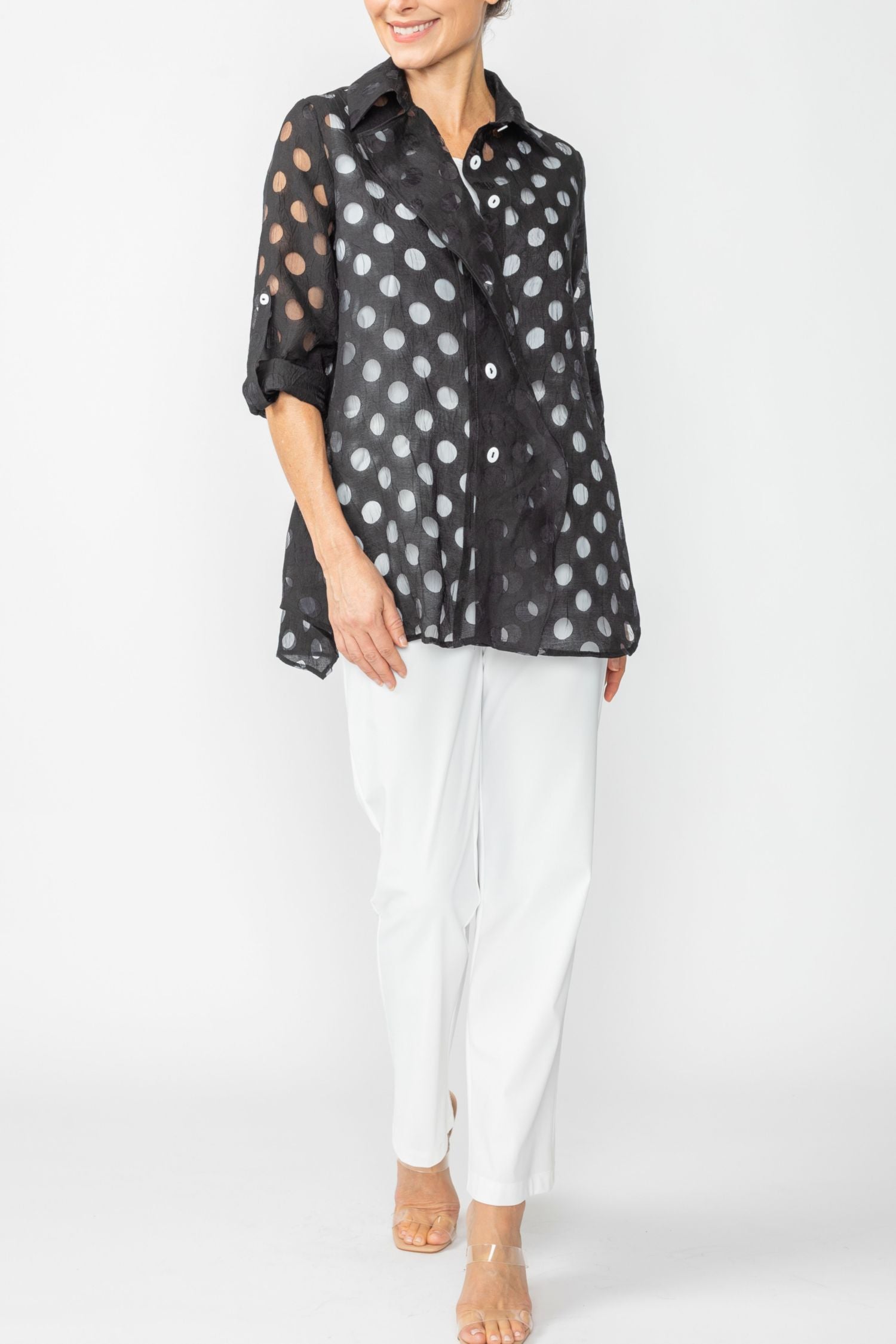 Black Irregular Clipping Long Sleeve Polka Dot Blouse