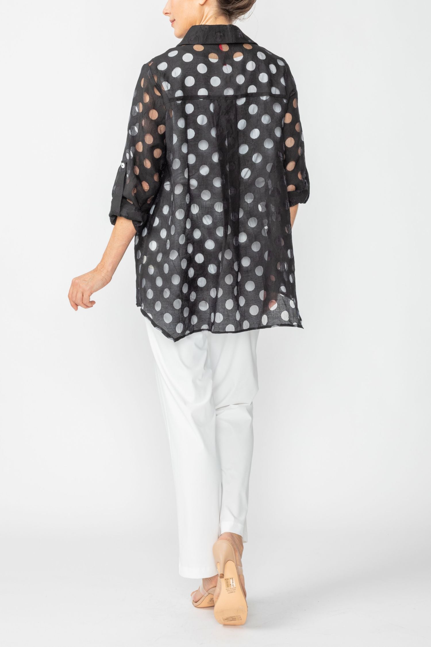 Black Irregular Clipping Long Sleeve Polka Dot Blouse