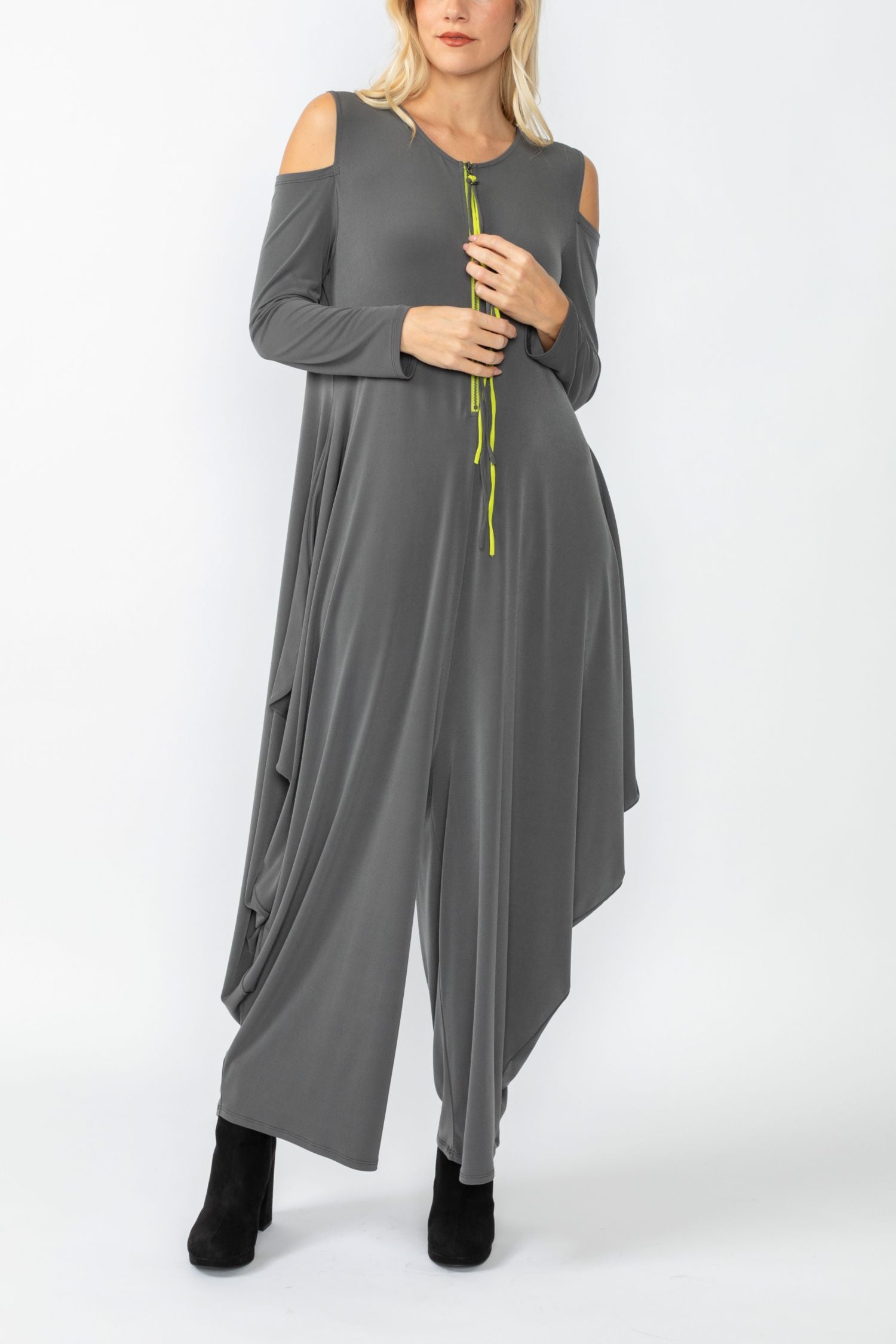 Charcoal Open Shoulder Long Sleeve Jumpsuit