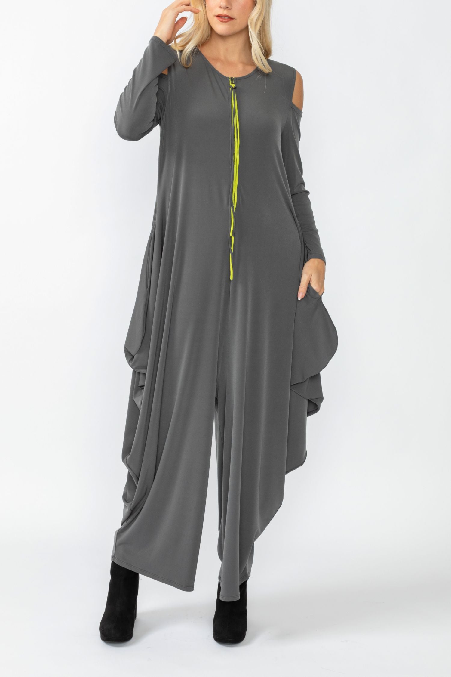Charcoal Open Shoulder Long Sleeve Jumpsuit