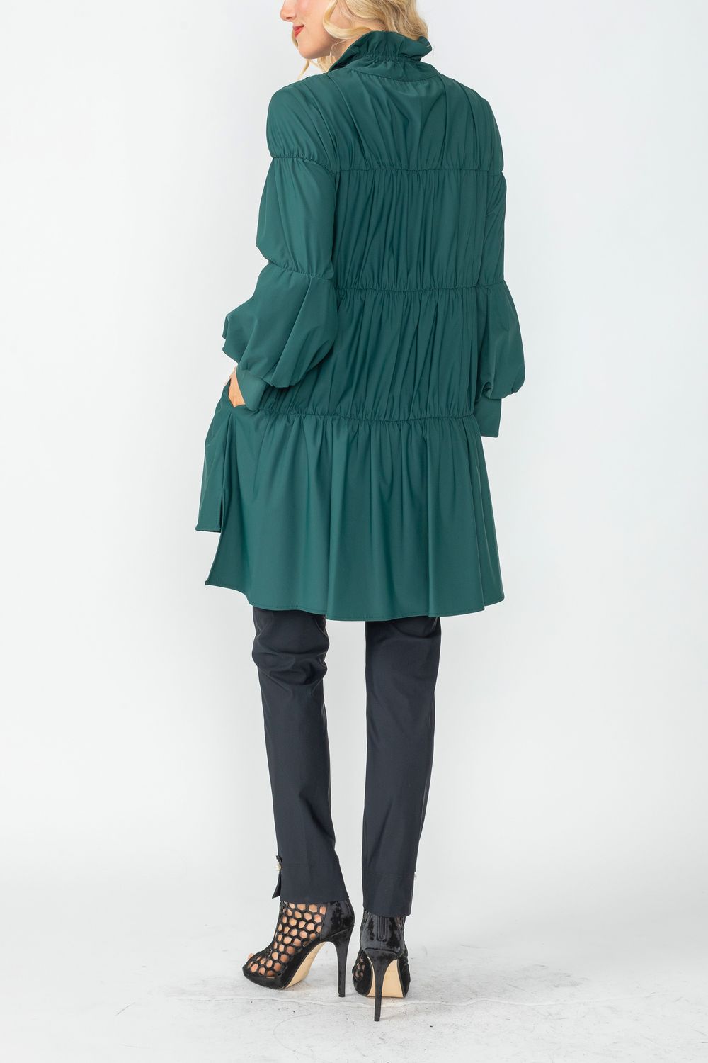 Hunter Green Shirring Blouson Sleeve Shirring Jacket