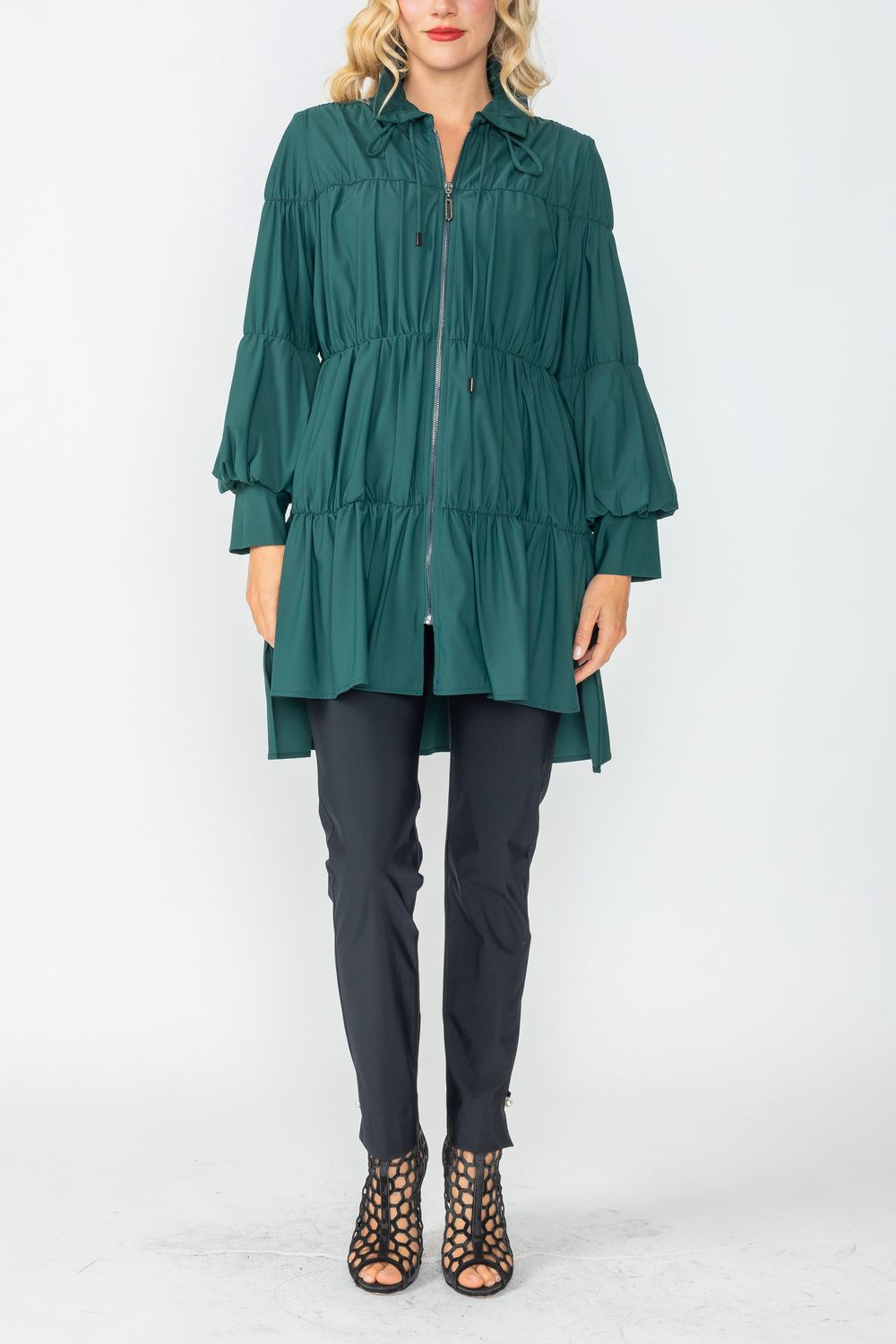 Hunter Green Shirring Blouson Sleeve Shirring Jacket