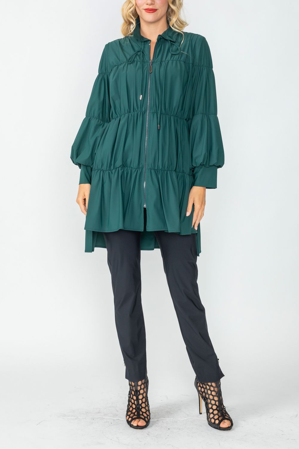 Hunter Green Shirring Blouson Sleeve Shirring Jacket