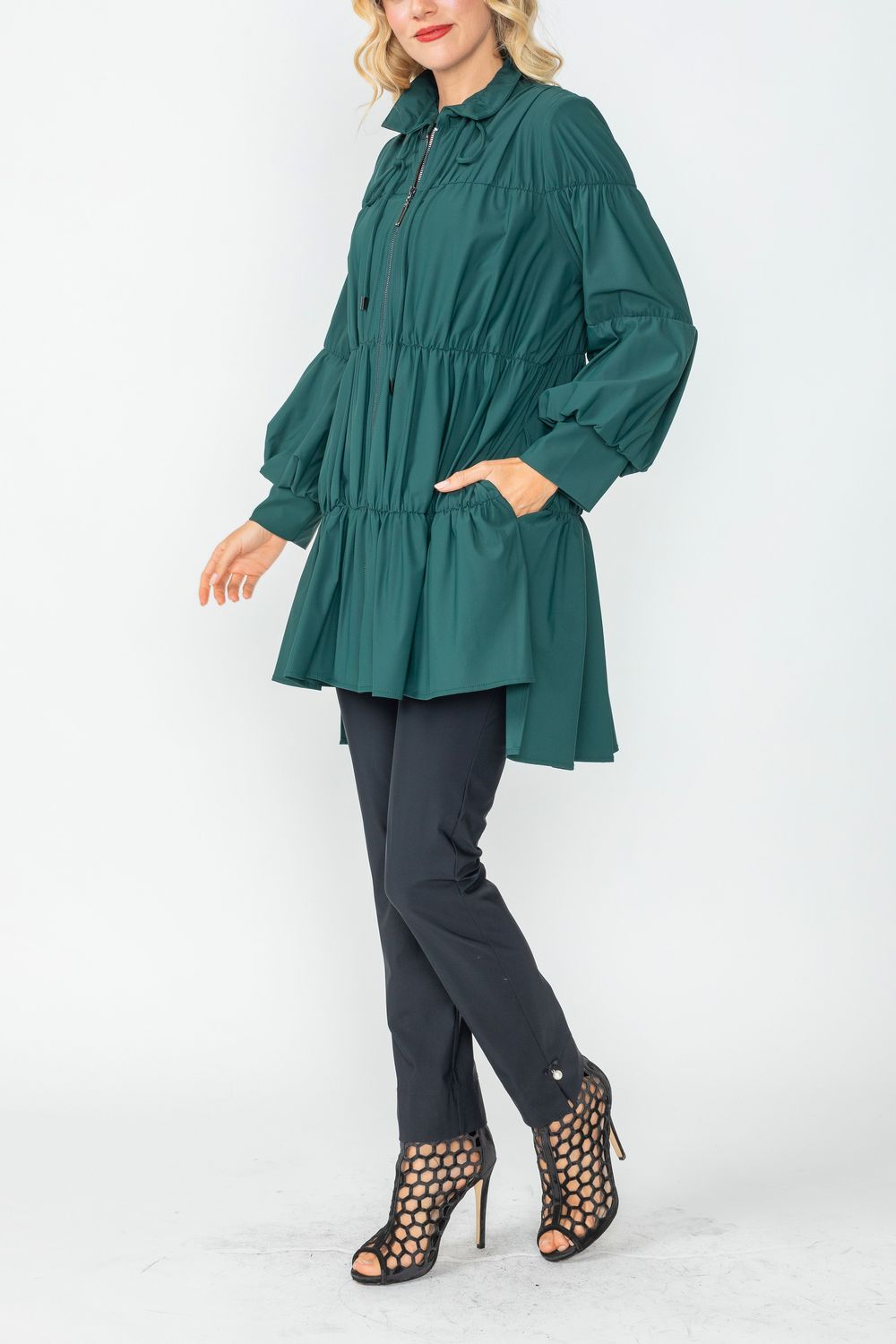 Hunter Green Shirring Blouson Sleeve Shirring Jacket