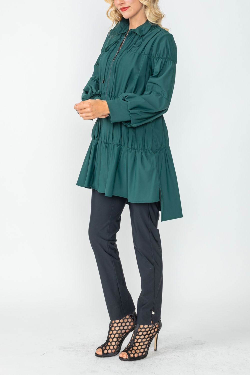 Hunter Green Shirring Blouson Sleeve Shirring Jacket