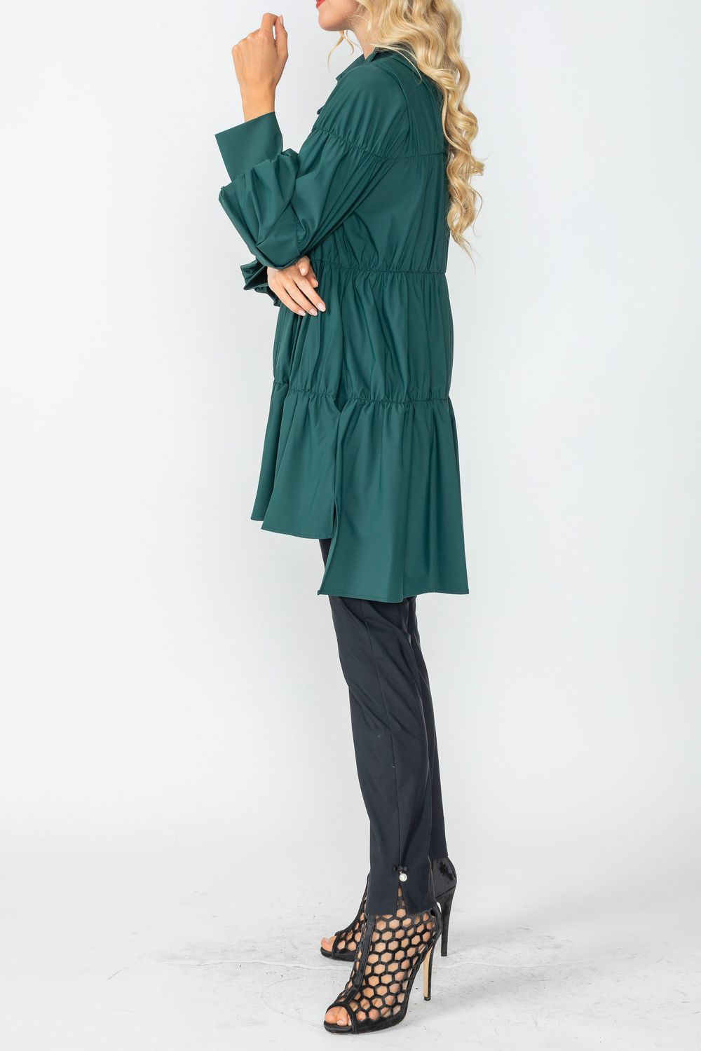 Hunter Green Shirring Blouson Sleeve Shirring Jacket