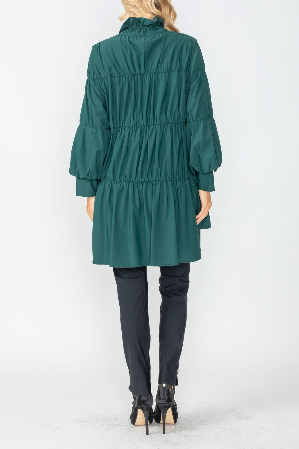 Hunter Green Shirring Blouson Sleeve Shirring Jacket