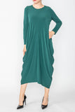 Green Draped Side Long Sleeve Dress