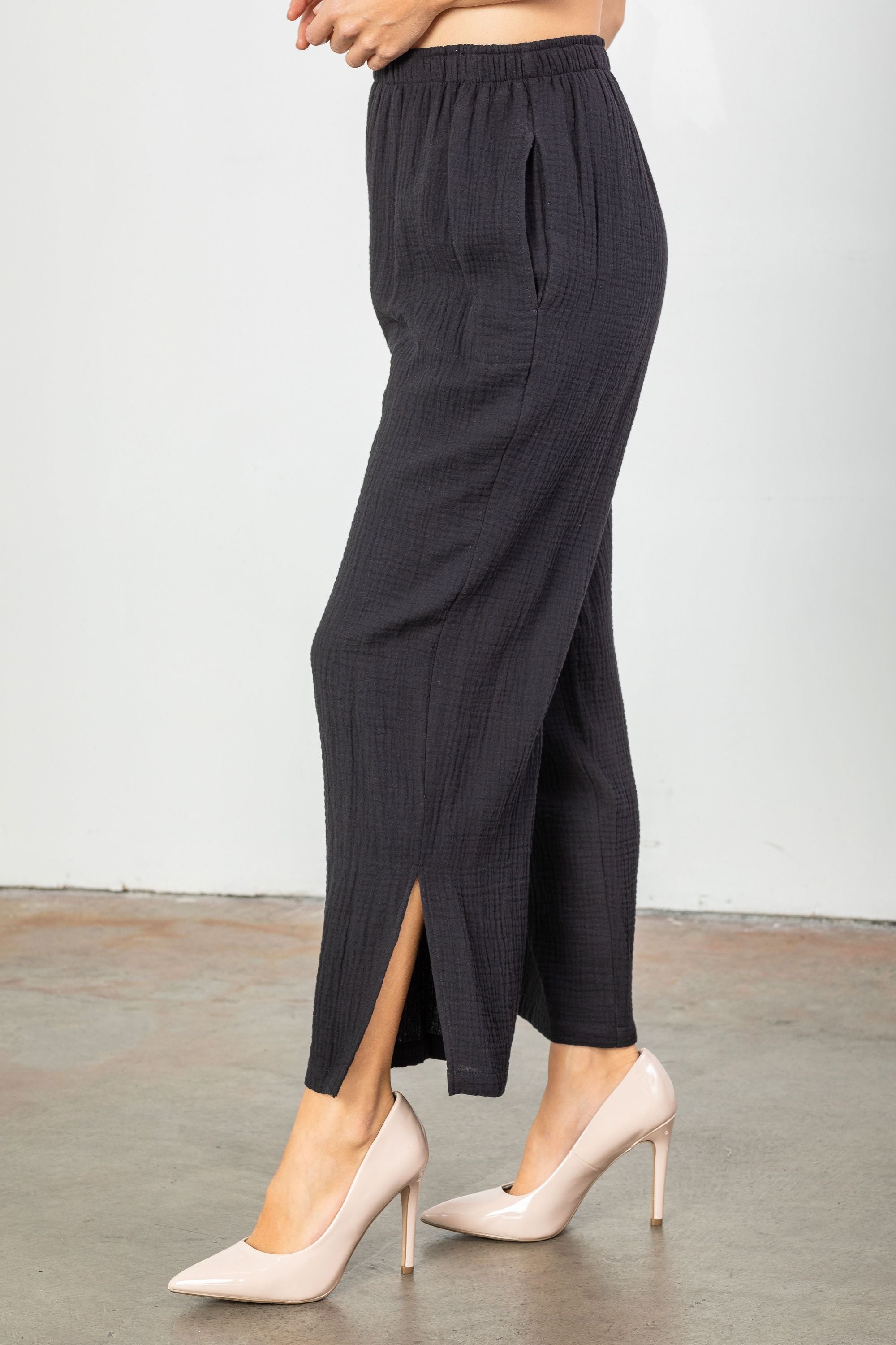 Black Plus Size Wide Leg Textured Split Cuff Pants