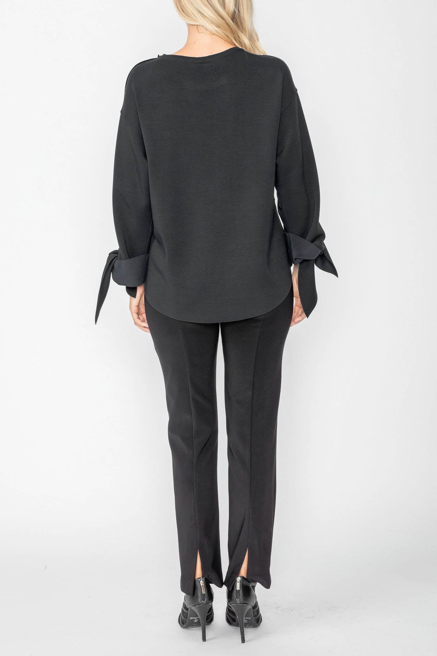 Black Asymmetrical Cut Sleeve Tie Top