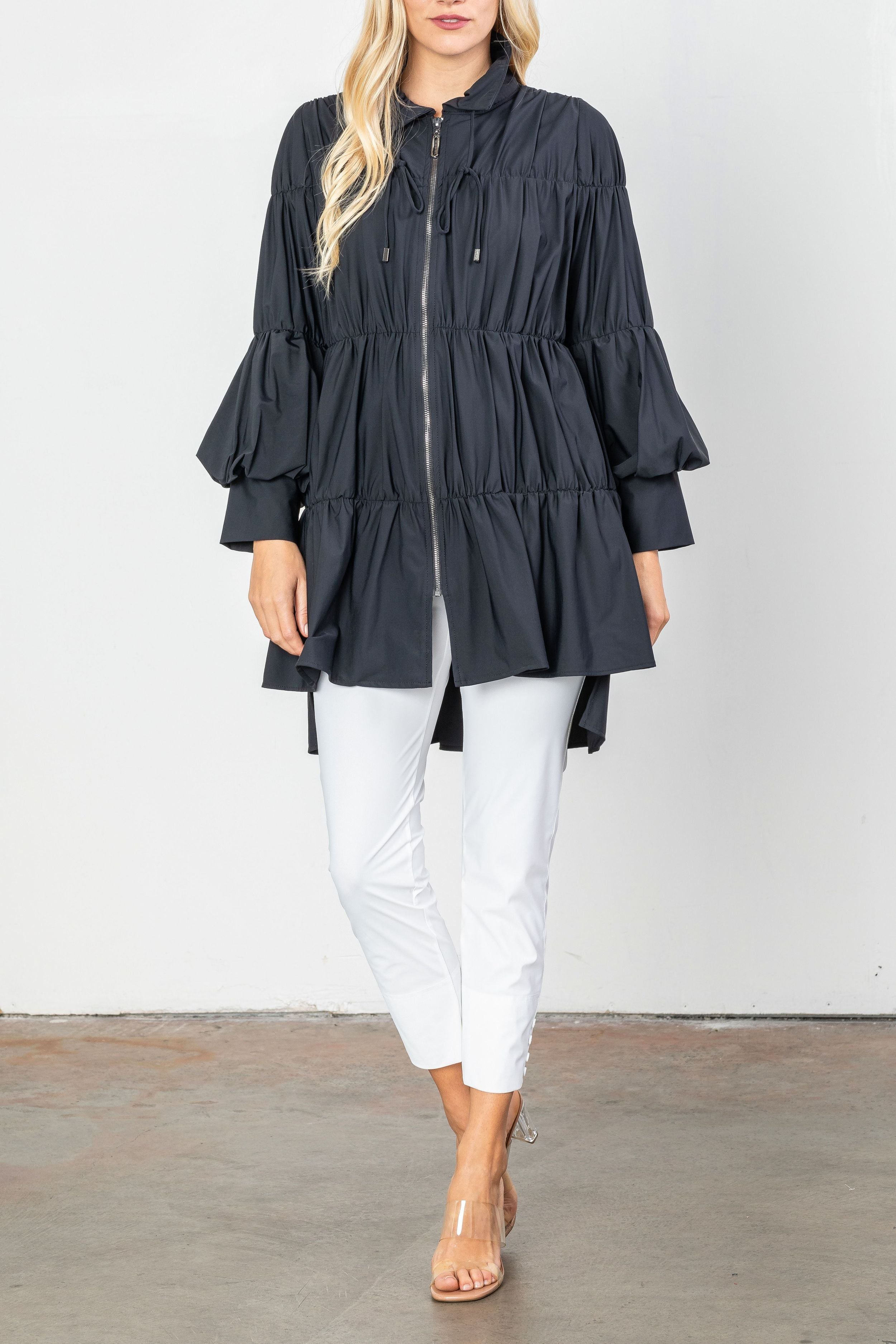 Black Plus Size Shirring Blouson Sleeve Shirring Jacket