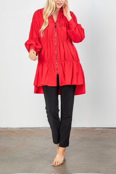 Red Shirring Blouson Sleeve Shirring Jacket