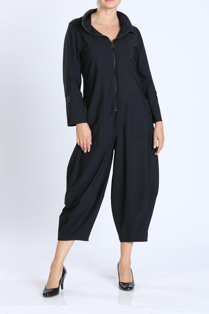 Black Zip Up Front Cropped Long Sleeve Jumpsuit Ic Collection