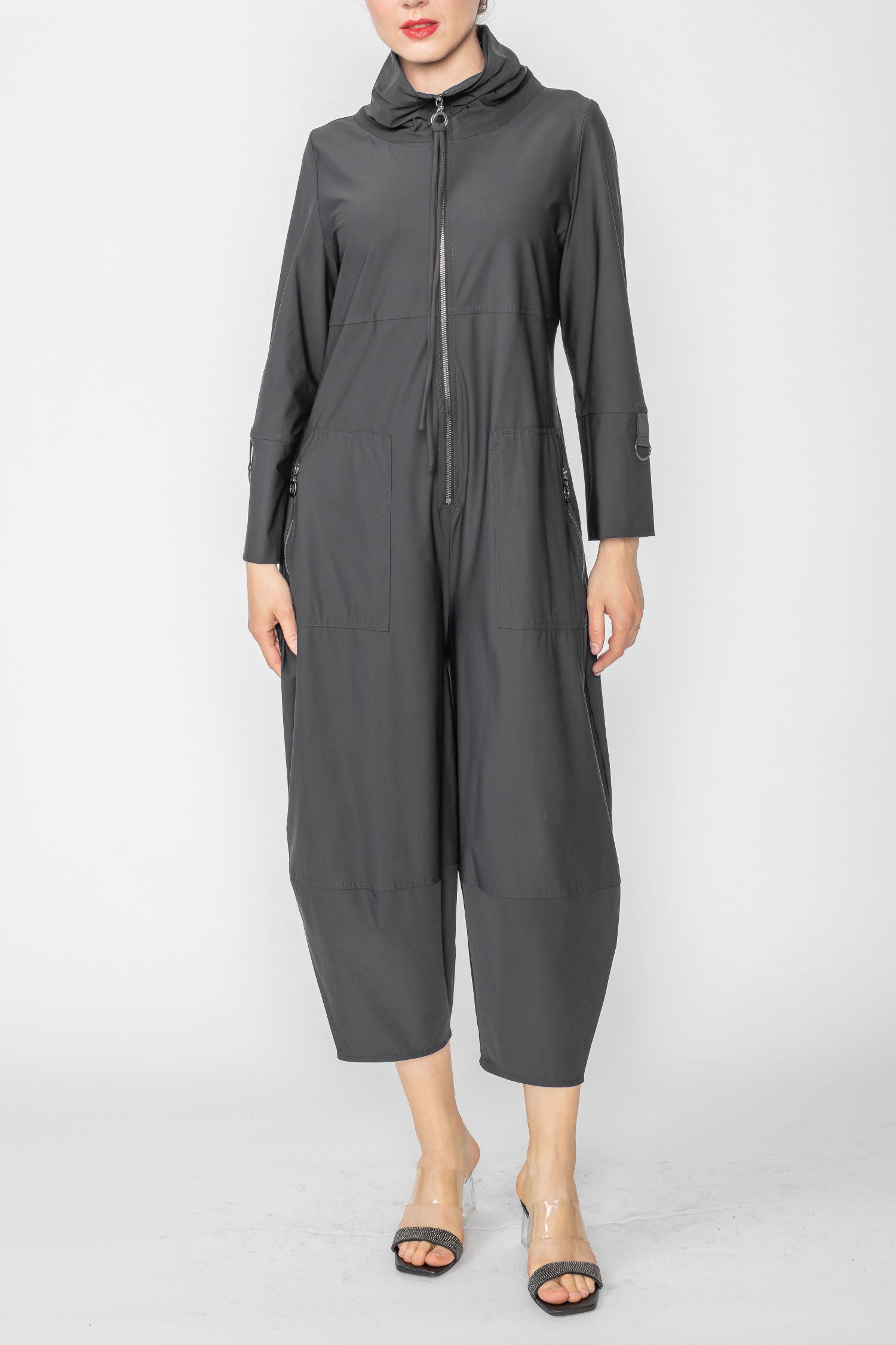 Charcoal Zip-Up Front Cropped Long Sleeve Jumpsuit