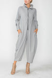 Gray Zip-Up Front Cropped Long Sleeve Jumpsuit
