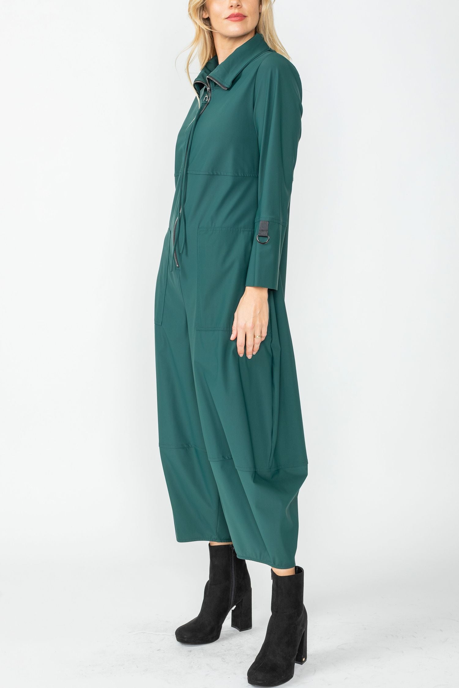 Hunter Green Zip-Up Front Cropped Long Sleeve Jumpsuit