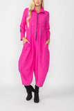 Pink Zip-Up Front Cropped Long Sleeve Jumpsuit