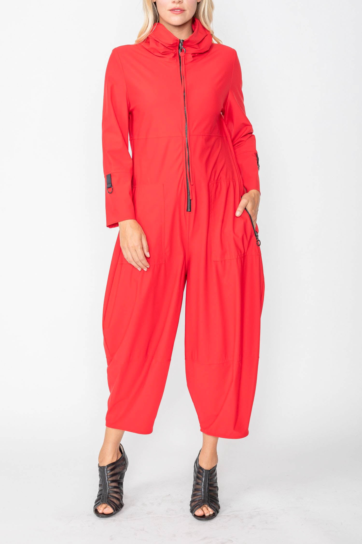 Red Zip-Up Front Cropped Long Sleeve Jumpsuit
