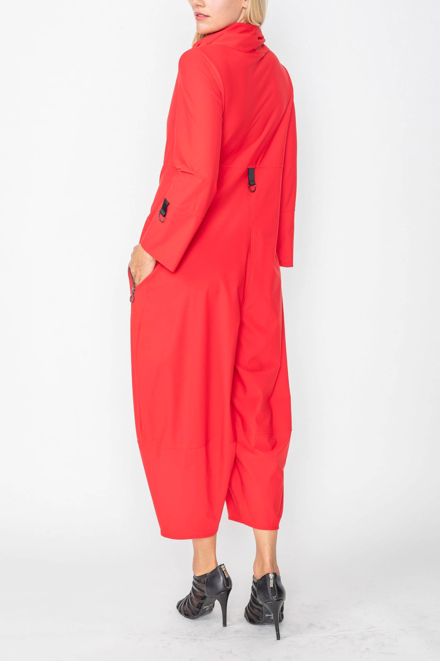 Red Zip-Up Front Cropped Long Sleeve Jumpsuit - Small / Red