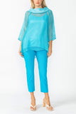 Turquoise Cowl Neck 3/4 Sleeve See-Through Fabric Top