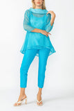 Turquoise Cowl Neck 3/4 Sleeve See-Through Fabric Top