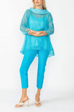 Turquoise Cowl Neck 3/4 Sleeve See-Through Fabric Top