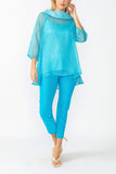 Turquoise Cowl Neck 3/4 Sleeve See-Through Fabric Top