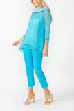 Turquoise Cowl Neck 3/4 Sleeve See-Through Fabric Top