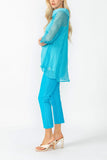 Turquoise Cowl Neck 3/4 Sleeve See-Through Fabric Top