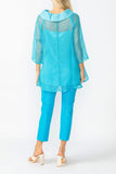 Turquoise Cowl Neck 3/4 Sleeve See-Through Fabric Top