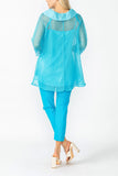 Turquoise Cowl Neck 3/4 Sleeve See-Through Fabric Top