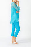 Turquoise Cowl Neck 3/4 Sleeve See-Through Fabric Top